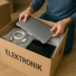 Person packar dator, surfplatta och kablar i flyttlåda med skyddande bubbelplast och märkning – säker packning av elektronik vid flytt för att undvika skador och dataförlust